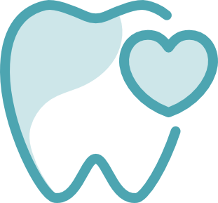 Outline of a tooth with a heart shape overlapping its right side, both in light blue with teal borders, symbolizing affordable health care and oral health.
