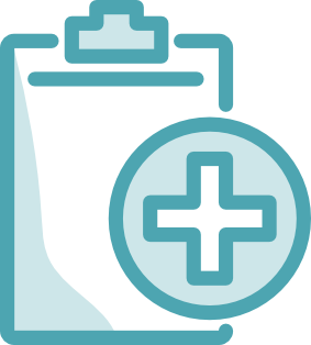 A blue clipboard icon with a medical cross symbol in a circle overlapping the lower right corner, representing Grand Junction Health Care or medical records.