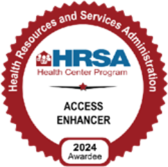 A red and white circular badge with text: Health Resources and Services Administration HRSA Health Center Program ACCESS ENHANCER 2024 Awardee, recognizing excellence in healthcare.
