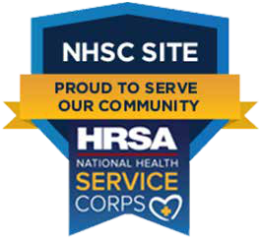 A badge with text: NHSC Site, Proud to Serve Our Community, HRSA National Health Service Corps, and a heart with a cross inside at the bottom, representing Montrose Health Care’s commitment to quality healthcare.