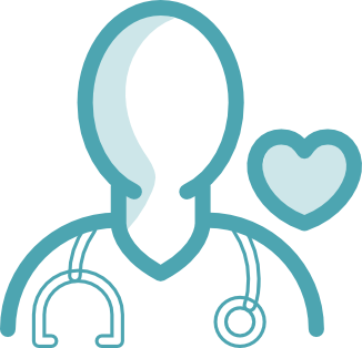 Outline illustration of a person wearing a stethoscope around their neck, with a heart symbol next to them, representing healthcare and affordable health care services.