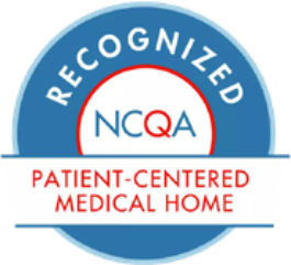 A blue and white circular badge with the words Recognized NCQA Patient-Centered Medical Home, highlighting Montrose Health Care’s NCQA recognition for patient-centered, affordable health care.