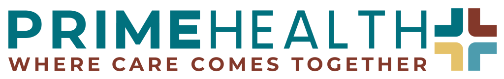 Logo for Prime Health with the slogan Where care comes together. The bold teal and brown text and geometric cross highlight our commitment to quality healthcare, making it a standout choice for Grand Junction Health Care needs.