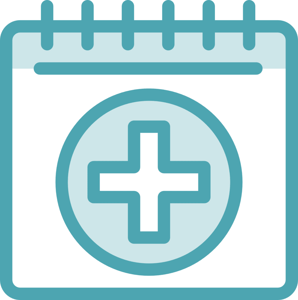A stylized calendar icon with a large medical cross in the center suggests a Montrose Health Care or health-related appointment. The design uses shades of blue, reflecting healthcare professionalism.