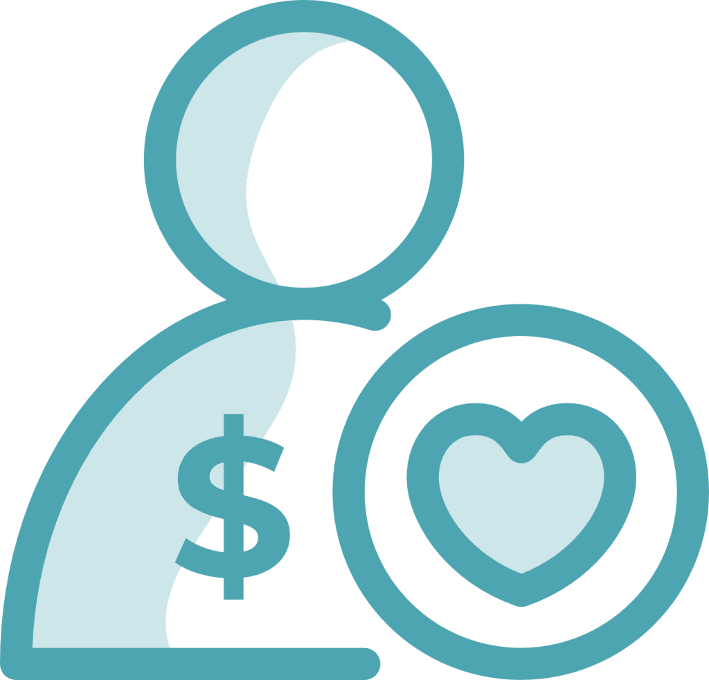 A stylized outline of a person with a dollar sign on their chest and a circle containing a heart next to them, symbolizing the connection between money and care or values in healthcare.