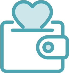 A stylized teal outline of a wallet with a heart shape emerging from the top, suggesting themes of generosity, donation, or supporting affordable health care.