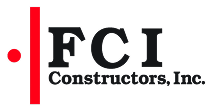 Logo for FCI Constructors, Inc. featuring a large black “FCI” above smaller text Constructors, Inc., with a red vertical line and dot to the left—ideal for Montrose Health Care or healthcare construction branding.
