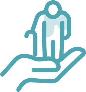 A blue outline illustration of a hand gently holding a person with a cane, symbolizing care and support for the elderly or individuals needing assistance, reflecting the compassion of Montrose Health Care.
