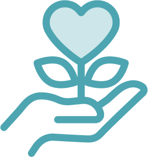 A blue outline of a hand holding a plant with two leaves and a heart-shaped flower, symbolizing Montrose Health Care’s commitment to affordable health care.