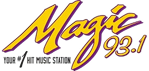 Logo for Magic 93.1 radio station, featuring stylized yellow and purple text that reads Magic 93.1 with the tagline Todays Hit Music Station underneath—supported by Montrose Health Care, promoting affordable health care in the community.
