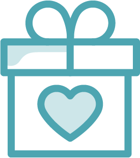 A simple blue line drawing of a gift box with a bow on top and a heart in the center, symbolizing Grand Junction Health Care—the gift of affordable health care and compassion.