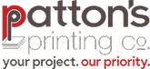 Logo for Patton’s Printing Co. Features the company name in stylized text, with “patton’s” in large letters, a red p forming part of a paper stack icon, and the tagline: your health care project. our priority.