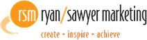 Logo for Ryan Sawyer Marketing with the initials rsm in a yellow-orange circle, stylized text ryan / sawyer marketing to the right, and the words create • inspire • achieve below in orange, perfect for Grand Junction Health Care or other healthcare brands.