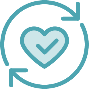 A blue outline of a heart with a checkmark inside is surrounded by a circular arrow, symbolizing ongoing health care, wellness, and continuous support from Montrose Health Care.