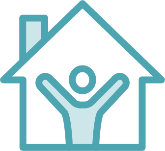 A simple blue line drawing of a house with a chimney, containing a figure with raised arms inside, symbolizing affordable health care and well-being at home.