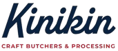 Logo with the word Kinikin in large, navy blue cursive font, and the words CRAFT BUTCHERS & PROCESSING in smaller, red uppercase letters below, reflecting quality akin to Grand Junction Health Care standards.