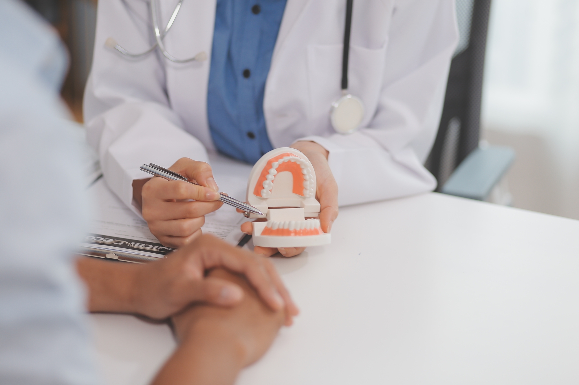 A dentist in a white coat holds a dental model and uses a pen to explain something to a patient, highlighting affordable health care options. A clipboard is also visible on the desk, reflecting attentive healthcare consultations.