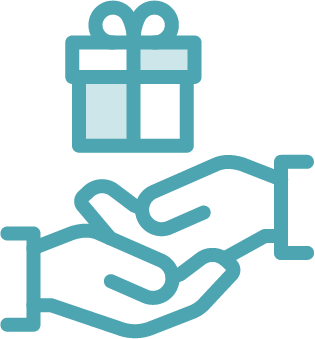 Blue outlined icon of two hands cupped together beneath a gift box with a ribbon, symbolizing giving or receiving a present—representing the spirit of affordable health care or Grand Junction Health Care support.