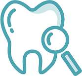 Simple line drawing of a tooth with a magnifying glass focused on its side, suggesting an affordable health care dental examination or oral health checkup.