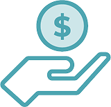 A turquoise outline of a hand facing upward with a coin featuring a dollar sign hovering above the palm, symbolizing affordable health care and accessible services in Grand Junction Health Care.