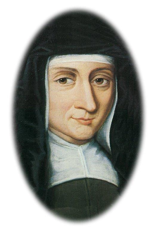 Portrait of a woman in a black religious habit and white wimple, with a calm expression, looking slightly to the side, set against an oval background—symbolizing compassion at Montrose Health Care.