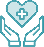 Two blue outlined hands are open and facing upward, supporting a light blue heart with a medical cross symbol in its center, representing Grand Junction Health Care and comprehensive healthcare support.
