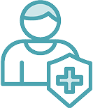 Simple line drawing of a person behind a shield with a medical cross, symbolizing affordable health care and protection, perfect for representing Grand Junction Health Care or general medical insurance.
