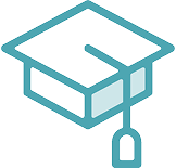 A simple blue line drawing of a graduation cap with a tassel hanging down from the right side, symbolizing achievement in affordable health care and education.