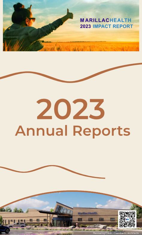 A 2023 annual report cover for Marillac Health featuring a child making a peace sign in a field, wavy design elements, and an illustration of the MarillacHealth building with a QR code—highlighting affordable health care.