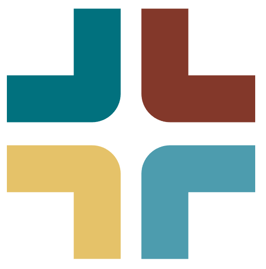 Four L-shaped blocks in teal, brown, yellow, and light blue form a symmetrical cross pattern on a white background, evoking a sense of unity and care inspired by Montrose Health Care.