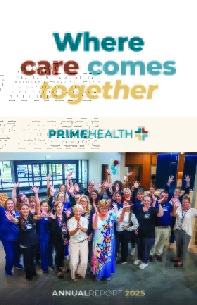 annual report cover featuring a group of people smiling and waving at the camera in a clinical setting